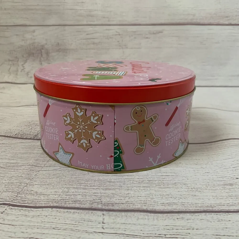 Vintage Pink Christmas Cookies for Santa Tin Empty Metal Storage Box Snowflakes